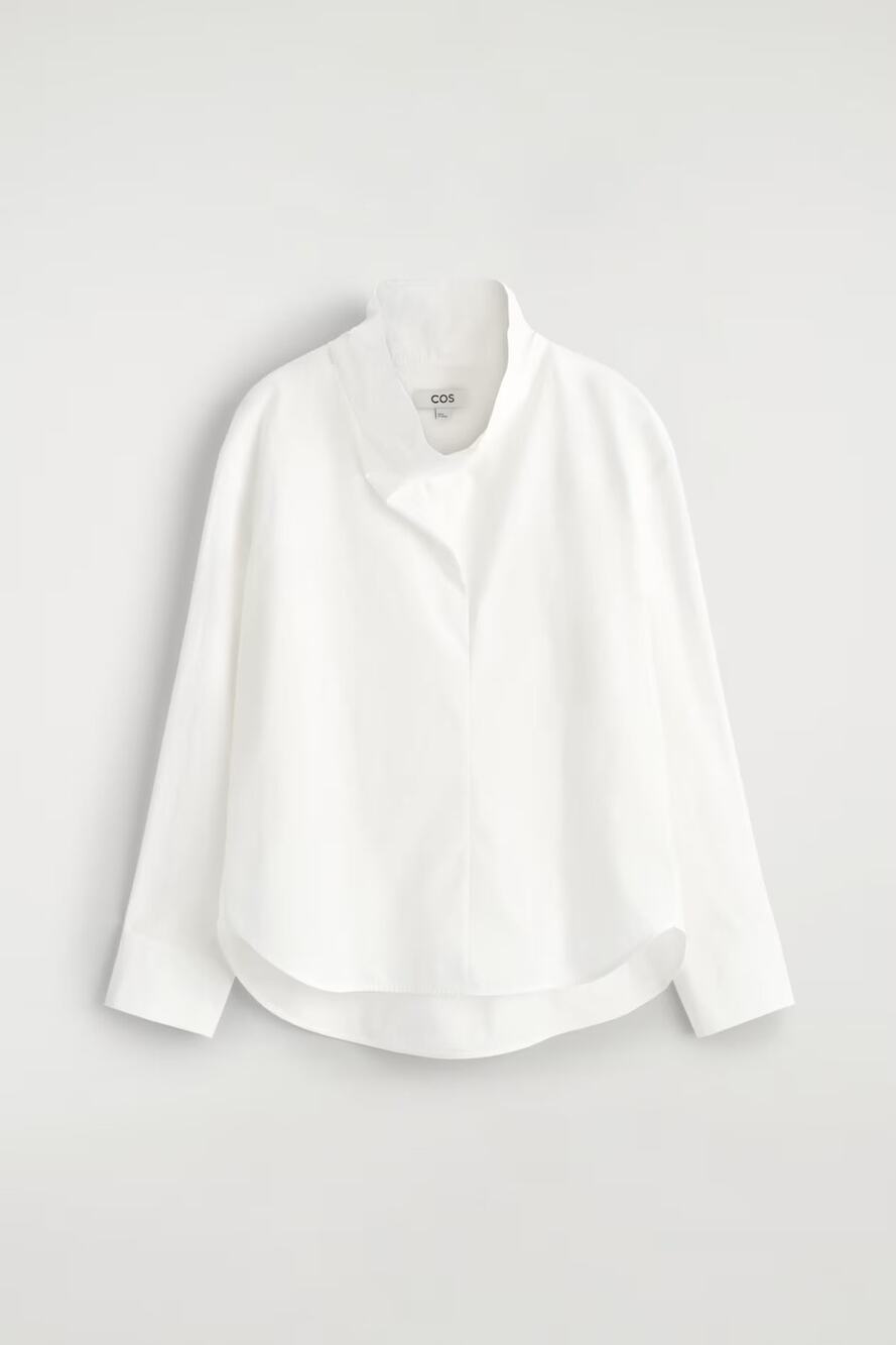 Cos Shirt Size 6 White Cotton Mock Neck Button Drop Shoulder Classic Pullover